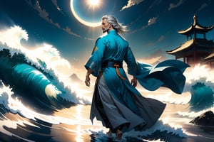masterpiece, beautiful and aesthetic, ultra detail, intricate, Chinese martial arts animation style, divine, manly, legendary, 1male, solo, (40 years old:1.5), detailed character design, a look of determination, two beards, long grey hair, tall and thin, aqua Taoist robe, from side, dynamic pose, walking on water, creating a picturesque view of a heavenly palace, wave, bathed in soft and ethereal light.