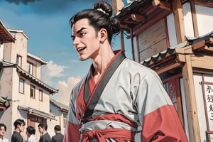 Masterpiece, best quality, detailed character design, UHD, (solo, 1male:1.5), 25 years old, a traditional Chinese physician, serene expression, manly, (wide jaw), (black hair, single bun:1.3), happy, laughing, tall and lean, accurate body and hand anatomy, (hanfu, grey), elegant, straight on, looking at viewer, dynamic pose, surrounded by people, ancient street in the background, outdoors, ancient China style, boichi manga style