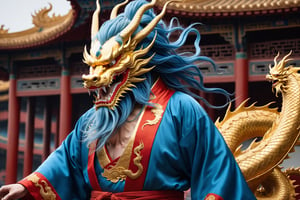 masterpiece, beautiful and aesthetic, ultra detail, intricate, [1man:Chinese dragon head:0.2], 55 years old, detailed character design, domineering, (messy blue hair, red mane), (fatty:1.5), golden dragon robe, upper body, dynamic pose, Inspired by Chinese mythology story, dragon palace