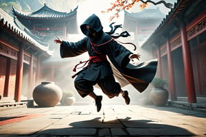 DonM5h4d0w5XL, masterpiece, extreme quality, ultra detailed, intricate, UHD, HDR, Chinese martial arts animation style, dramatic with an air of mystery and intrigue, a dark hooded cloak shadow, dynamic pose, vibrant, action-packed, (jump up, fly in the air:1.5), from side, outdoors, ancient China backyard, mysterious colorful background, 