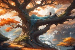 dreamscape {prompt} . surreal, ethereal, dreamy, mysterious, fantasy, highly detailed, masterpiece, beautiful and aesthetic, ultra detail, intricate, Inspired by Chinese mythology story: creating a picturesque view of woods in Autumn, a man takes a nap in a tree, in ancient China.