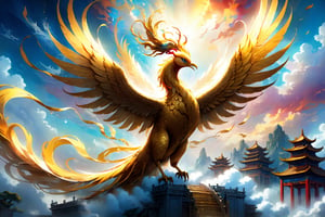 masterpiece, extreme quality, ultra detailed, intricate, UHD, HDR, Chinese mythology story, whimsical illustration, beautiful and aesthetic, dreamlike, ethereal, fantasy, a golden phoenix spread its wings and flew into the sky, dynamic pose, vibrant, hovering over the clouds, heavenly palace, mysterious colorful background