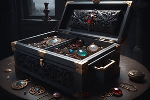 Dark Moody Atmosphere, {prompt}, dramatic, mysterious, dark moody atmosphere, masterpiece, beautiful and aesthetic, ultra detail, intricate, a ancient jewelry case in the disposal bin, goods