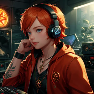 exquisite details and texture, detailed face, anatomy correct, best quality, ultra detailed, photorealistic, ((cinematic scenic view of 1 boy)), short hair, orange hair, sunglasses, wore a pair of headphones, red colored robe, cool, flame tattoos, flame pentagram necklace. He was a radio DJ, playing music in a tiny radio studio, front view, upper body, Cyberpunk style