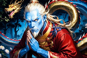 masterpiece, beautiful and aesthetic, ultra detail, intricate, 1man, solo, 55 years old, (Dragon King), detailed character design, his expression filled with awe, (Chinese dragon features, dragon eyes, dragon nose, dragon beard), (messy hair, golden hair), (blue skin, glistening scales skin), tall and strong, (red imperial robe),  dynamic pose, (hands in prayer pose), respect, Inspired by Chinese mythology story, garden background, trees, flowers, multicolor