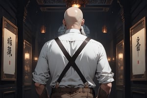 Dark Moody Atmosphere, {prompt}, dramatic, mysterious, dark moody atmosphere, masterpiece, beautiful and aesthetic, ultra detail, intricate, 1male, solo, old hipster, detailed character design, monocle, white Squared beard, bald, short and fat, white shirt, (brown pants, a pair of suspenders), (back view:1.5), waving, in the Asian antique shop, indoors