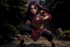 In Chinese mythology, solo, 1girl, big eyes, pink lips, long curly hair, purple hair, tall and thin, warrior, armor, long robe, dynamic pose, action-packed, practice Kung Fu, Chinese martial arts, outdoors, under sunshine, ancient China style, boichi manga style