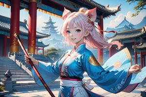 masterpiece, beautiful and aesthetic, ultra detail, intricate, solo, (1female, Pig features, Pig ears), detailed character design, smile sweetly, light pink skin, silver hafu, wide sleeves, blue long skirt, she holding a long stick, (upper body:1.5), dynamic pose, Chinese martial arts animation style, outdoors, heavenly palace, countless palaces