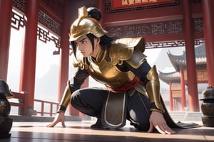 masterpiece, beautiful and aesthetic, ultra detail, intricate, solo, 1male, 25 years old, detailed character design, manly, (awe expression), bushy eyebrows, wide eyes, wide jaw, (black hair, a single hair bun), tall and lean, (ancient Chinese armor, helmet, golden), dynamic pose, (bowing gestures), indoors, ancient Chinese temple