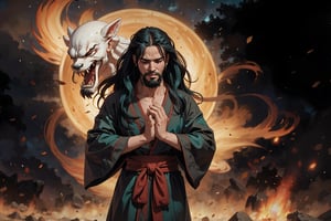 Chinese mythology story, solo, 1man, forty years old, long black hair, two beards, aqua Taoist robe, thin and tall, closed eyes, crying, he lowered his head and murmured to himself, with his hands clasped on his chest, Chinese martial arts animation style, boichi manga style