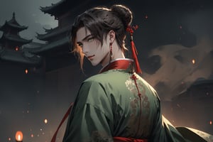 Dark Moody Atmosphere, {prompt}, dramatic, mysterious, dark moody atmosphere, masterpiece, beautiful and aesthetic, ultra detail, intricate, 1male, solo, 23 years old, detailed character design, delicate face, (evil expression), light green eyes, (wry smile), brown long hair, a bun, red hanfu, (looking back:1.5), dynamic pose, (carry a cloth bag on back:1.5), ancient China field