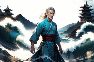 masterpiece, beautiful and aesthetic, ultra detail, intricate, Chinese martial arts animation style, divine, manly, legendary, 1male, solo, (40 years old:1.5), detailed character design, a look of determination, two beards, long grey hair, tall and thin, aqua Taoist robe, radial side view, dynamic pose, walking on water, creating a picturesque view of a heavenly palace, water splash, wave, bathed in soft and ethereal light.