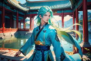 masterpiece, beautiful and aesthetic, ultra detail, intricate, solo, 1male, 25 years old, handsome, (long eyes, blue eyes), (long hair, Split-color Hair, Light Green Hair, Blue Hair), tall, (Han Chinese Clothing, green), flowing robe, (from side), dynamic pose, heroic stance, creating a picturesque view of a heavenly palace, bathed in soft and ethereal light.