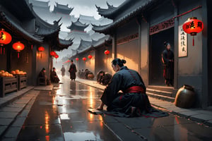 Dark Moody Atmosphere, {prompt}, dramatic, mysterious, dark moody atmosphere, masterpiece, ultra detail, intricate, describing a disabled person without arms and legs, crawling on the ground, begging for food from passers-by, street scenes in ancient China