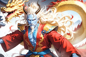 masterpiece, beautiful and aesthetic, ultra detail, intricate, 1man, solo, 55 years old, (Dragon King), detailed character design, (Chinese dragon features, dragon eyes, dragon nose, dragon beard), (messy hair, golden hair), (blue skin, glistening scales skin), tall and strong, (red imperial robe), upper body, dynamic pose, Inspired by Chinese mythology story, dragon palace