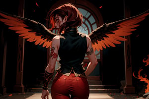 Chinese mythology, solo, 1female, monster_girl, short hair, dark red hair, (facial marks), fierce face, evil face, fangs, sexy lips, (pointed ears), (dark skin), strong body, (phoenix tattoo), (a single wing behind:1.2), dark red vest, long pants, a heavenly guardian, its normally radiant aura now dimmed by mortal wounds, bursts into the grand hall with frantic urgency. The once-stalwart warrior's usually unyielding expression is replaced by a look of desperation as it rushes to convey crucial information to the gathered officials. In a chaotic flurry of motion, the injured god stumbles forward, its usually immaculate attire now disheveled and bloodied, (from behind:1.3), Chinese martial arts animation style