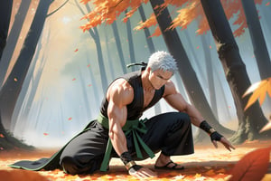 masterpiece, beautiful and aesthetic, ultra detail, intricate, 1male, solo, representation of the legendary martial artist, Roronoa Zoro features, detailed character design, (worry expression), (white hair), exquisite body, strong abdominal muscles, (golden armlet:1.2), (black half gloves), black martial arts belt, (black Hanfu, sleeveless), black lace-up ankle brace, (from below), (face down), (Squatting), dynamic pose, forests, mists, autumn leaves fluttering around