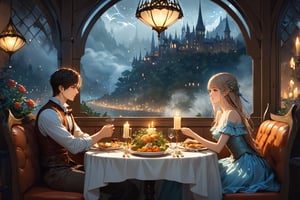 fairy tale {prompt} . magical, fantastical, enchanting, storybook style, highly detailed, masterpiece, beautiful and aesthetic, ultra detail, intricate, detailed character design, creating a picturesque view of young couples having a romantic dinner, candles, in restraunt, at night, (mists:1.5)