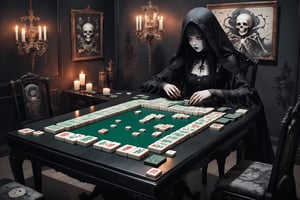 macabre style {prompt} . dark, gothic, grim, haunting, highly detailed, mysterious, surreal, highly detailed, masterpiece, beautiful and aesthetic, ultra detail, intricate, play mahjong, mahjong table