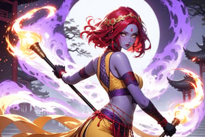 masterpiece, beautiful and aesthetic, ultra detail, intricate, 1female, monster, solo, detailed character design, seducing, evil expression, long eyelashes, eyeliners, ghostly eyes, red pixie bob hair, short stature, curvaceous, purple skin, circlet, (Hanfu, cropped vest, yellow), red pants, (belly chain), (elbow lace gloves, purple), (holding a flame baton), (back view:1.5), dynamic pose, Chinese martial arts animation style, sparks, Inspired by Chinese mythology story