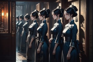 Dark Moody Atmosphere, {prompt}, dramatic, mysterious, dark moody atmosphere, masterpiece, beautiful and aesthetic, ultra detail, intricate, describes a group of beautiful female maids in ancient China, lining up in front of the bedroom door, happily whispering to each other