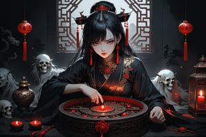 Dark Moody Atmosphere, {prompt}, dramatic, mysterious, dark moody atmosphere, masterpiece, beautiful and aesthetic, ultra detail, intricate, describes an ancient Chinese woman full of evil spirits who cannot open the jewelry box and looks unhappy