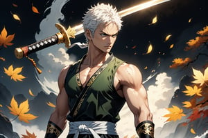 masterpiece, beautiful and aesthetic, ultra detail, intricate, 1male, solo, representation of the legendary martial artist, Roronoa Zoro features, detailed character design, serious expression, (white hair), exquisite body, strong abdominal muscles, (golden armlet:1.2), (black half gloves), black martial arts belt, (black Hanfu, sleeveless), black lace-up ankle brace, (he wields a single golden broadsword, unique and finely detailed), (upper body:1.5), dynamic pose, he stands tall and resolute, exuding an air of strength and unwavering determination. Chinese martial arts animation style, autumn leaves fluttering around, Inspired by Chinese mythology story