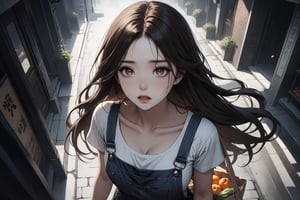 Dark Moody Atmosphere, {prompt}, dramatic, mysterious, dark moody atmosphere, masterpiece, beautiful and aesthetic, ultra detail, intricate, 1female, solo, 20 years old, detailed character design, Asian beauty, pure,  feminine soft face, (a look of longing and sorrow in its ghostly eyes:1.5), open mouth, (flowing long hair, brown), detail skin, pore, curvaceous, slender waist, big breasts, denim dungarees, white t-shirt, (from above:1.3), (carry grocery bag:1.2), in the empty street