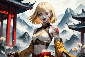 masterpiece, beautiful and aesthetic, ultra detail, intricate, 1girl, badass, mythical creature, solo, detailed character design, fierce expression, (mouth full of sharp teeth), (a deep knife scar across her face), ghostly eyes, (nose ring), (short hair, blunt bangs, golden hair), (white skin, pale skin), flowers tattoos on body, barefoot, small body, slender waist, (deep knife scars on arms), golden hooded cape, (Hanfu, red midriff, yellow pants), (gauntlet), dynamic pose, embodying the spirit of the wild, Chinese martial arts animation style, Inspired by Chinese mythology story, mountains, mist, Chinese temples