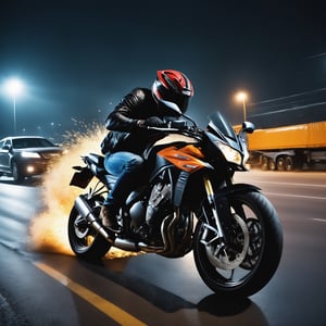 create a biker crashing in the other vehicle on high speed, detaleid crash, nightime , sad mood , photo real, 