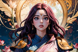 In Chinese mythology, solo, 1girl, beauty, detailed face, delicate features, serene expression, divine, big eyes, pink lips, long curly hair, purple hair, tall and thin, ethereal glow, celestial aura, warrior, armor, long robe, (digital masterpiece illustration concept art of porcelain statue of buddha gautama, varasana, lotus, padmasana), bathed in soft, ethereal/natural light, boichi manga style