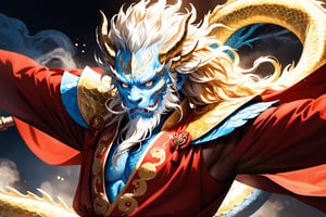 masterpiece, beautiful and aesthetic, ultra detail, intricate, 1man, solo, 55 years old, (Dragon King), detailed character design, (Chinese dragon features, dragon eyes, dragon nose, dragon beard), (messy hair, golden hair), (blue skin, glistening scales skin), tall and strong, (red imperial robe), upper body, dynamic pose, Inspired by Chinese mythology story, dragon palace