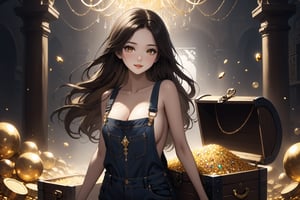 Dark Moody Atmosphere, {prompt}, dramatic, mysterious, dark moody atmosphere, masterpiece, beautiful and aesthetic, ultra detail, intricate, 1female, solo, 20 years old, detailed character design, Asian beauty, pure, romantic mood, feminine soft face, golden eyes, mischievous grin, (flowing long hair, brown), detail skin, pore, curvaceous, slender waist, big breasts, denim dungarees, (hands on hips:1.2), (standing atop a treasure chest overflowing with gold and jewels:1.5), in bedroom