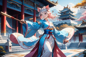 masterpiece, beautiful and aesthetic, ultra detail, intricate, solo, (1female, Pig features, Pig ears), detailed character design, smile sweetly, light pink skin, silver hafu, wide sleeves, blue long skirt, she holding a long stick, (straight on:1.5), dynamic pose, Chinese martial arts animation style, outdoors, heavenly palace, countless palaces