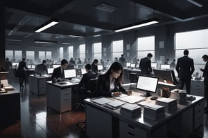 Dark Moody Atmosphere, {prompt}, dramatic, mysterious, dark moody atmosphere, masterpiece, beautiful and aesthetic, ultra detail, intricate, multipe people working, business, crowded, in the office