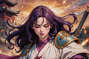 In Chinese mythology, solo, 1girl, big eyes, pink lips, long curly hair, purple hair, tall and thin, warrior, armor, long robe, eyes closed, expression of pain, unsteady, shaky, ancient China style, boichi manga style