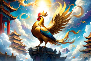 masterpiece, extreme quality, ultra detailed, intricate, UHD, HDR, Chinese mythology story, whimsical illustration, beautiful and aesthetic, dreamlike, ethereal, fantasy, a golden cock crowing to the sky, dynamic pose, vibrant, hovering over the clouds, heavenly palace, mysterious colorful background