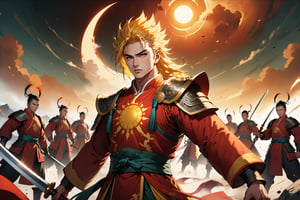 masterpiece, beautiful and aesthetic, ultra detail, intricate, 1male, 20 years old, detailed character design, a heavenly guardian, manly, epic, broad cheeks, (a sun mark on forehead), a look of determination, wide mouth, wide eyes, bushy eyebrows, (spiked hair, yellow hair), tall and strong, muscular, Han Chinese Clothing, Heaven Guard's armor, red armor, holding a Green Dragon Crescent Blade, straight on, dynamic pose, heroic stance, powerful pose, Chinese martial arts animation style,  battlefield scene, multiple warriors behind, Inspired by Chinese mythology story