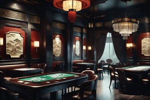 Dark Moody Atmosphere, {prompt}, dramatic, mysterious, dark moody atmosphere, masterpiece, beautiful and aesthetic, ultra detail, intricate, describes a magnificent mahjong casino with many exquisite and elegant mahjong tables, exquisitely crafted Carved interior decoration, antique style, in ancient China