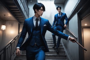 Dark Moody Atmosphere, {prompt}, dramatic, mysterious, dark moody atmosphere, masterpiece, beautiful and aesthetic, ultra detail, intricate, a several of Asian men, deep blue suit, dynamic pose, action-packed, conversations, indoors, in the stairwell, apartment building, old