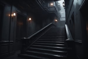 Dark Moody Atmosphere, {prompt}, dramatic, mysterious, dark moody atmosphere, masterpiece, beautiful and aesthetic, ultra detail, intricate, cinematic scenic view of the stairs up and down the apartment building, dark, indoors