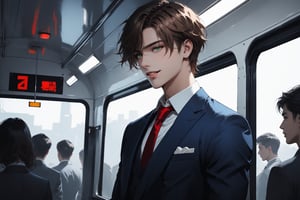 Dark Moody Atmosphere, {prompt}, dramatic, mysterious, dark moody atmosphere, masterpiece, beautiful and aesthetic, ultra detail, intricate, 1male, solo, 23 years old, detailed character design, delicate face, a look of confidence, grin, light green eyes, short brown hair, dark blue suit, white shirt, red tie, dark blue pants, (from side:1.2), dynamic pose, standing inside the bus, passengers crowded