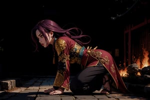 masterpiece, extreme quality, ultra detailed, intricate, UHD, HDR, In Chinese mythology, solo, 1girl, (worry expression:1.2), big eyes, pink lips, pretty, long curly hair, purple hair, tall and thin, (Han Chinese Clothing, armor, pants), (head bowing down), dynamic pose, action-packed, from side, background is a golden desert, mysterious colorful, ancient China style, boichi manga style