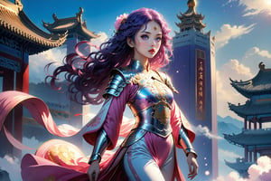 masterpiece, beautiful and aesthetic, ultra detail, intricate, In Chinese mythology, solo, 1girl, a heavenly guardian, big eyes, pink lips, pretty, long curly hair, purple hair, tall and thin, (Han Chinese Clothing, armor, pants), dynamic pose, poised as if ready to gallop into battle, creating a picturesque view of a heavenly palace, bathed in soft and ethereal light.