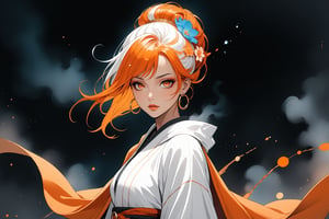 masterpiece, beautiful and aesthetic, ultra detail, intricate, 1female, 40 years old, detailed character design, sorceress, mysterious, a red mole on forehead, orange eyes, hoop earrings, (medium hair, updo, Split-color Hair, white Hair, Orange Hair), hair flower, bangle, short stature, tan skin, hooded cloak, (Taoist long robe, orange), cane, full body, dynamic pose, her hands crackling with arcane energy, standing on lava, smokey, mysterious colorful, magic effect, in heavenly palace