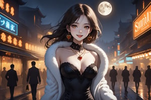 horror-themed {prompt} . eerie, unsettling, dark, spooky, suspenseful, grim, highly detailed, masterpiece, beautiful and aesthetic, ultra detail, intricate, 1female, solo, 20 years old, detailed character design, Asian beauty, pure, romantic mood, feminine soft face, golden eyes, smile sweetly, heart earrings, (flowing long hair, brown), detail skin, pore, big breasts, curvaceous, slender waist, (white mink fur coat, black dress), jewelry necklace, (holding a golden purse), dynamic pose, vibrant, outdoors, walking on the street, night club, night moon