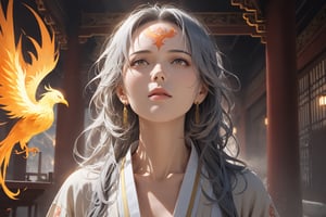 masterpiece, beautiful and aesthetic, ultra detail, intricate, 1female, solo, 50 years old, detailed character design, (sorrow expression), manly, (a phoenix tattoo on forehead:1.5), golden eyes, crescent earrings, (short and messy hair, gradient hair, multicolored hair), (short stature, golden feather wings), (Hanfu, feather), (looking up:1.5), weak pose, (spread hands:1.5), (a phoenix in the background), magic effect, dreamlike, indoors, in the ancient Chinese temple