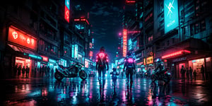 In a neon-lit, (a mother, a child, drives a motorcycle ), (back:1.3), futuristic cityscape, a cyber-enhanced individual, technologically advanced world, reflective surfaces capture the neon reflections, and dramatic lighting enhances the sci-fi aesthetic, their appearance is a masterpiece of futuristic fashion and cybernetic enhancements, fate/stay background, perfect light