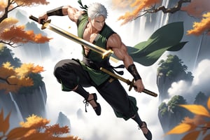 masterpiece, beautiful and aesthetic, ultra detail, intricate, 1male, solo, Roronoa Zoro features, detailed character design, (white hair), exquisite body, strong abdominal muscles, (golden armlet:1.2 ), (black half gloves), black martial arts belt, (black Hanfu, sleeveless), black lace-up ankle brace, (he holds the golden sword high in both hand:2), (leaping in the air:2), (from above:1.5), dynamic pose, dramatic arc of light and shadow, Chinese martial arts animation style, peak, white smokes, mists. forests, mists, autumn leaves fluttering around