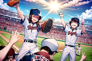 A triumphant baseball player, dressed in his gleaming uniform and adorned with a baseball cap, proudly hoists a massive trophy aloft, beaming with joy on the lush grass of a sun-drenched baseball field. Amidst the celebratory chaos, fellow teammates gather around him, their faces aglow with excitement, as they bask in the glory of their team's victory, manga style {prompt}. vibrant, high-energy, detailed, iconic, Japanese comic style, emphasizing the simplicity and serenity of a black and white Japanese manga style, clean line work, striking visuals, bold outlines, (manga influence:1.3), boichi manga style
